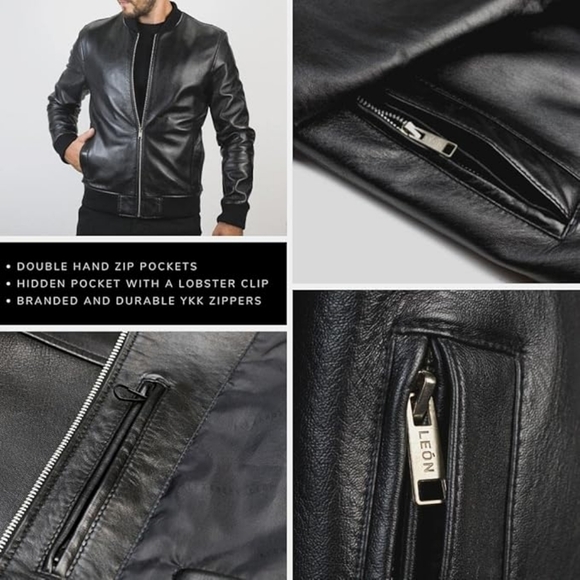 Men's Black Leather Bomber Jacket. Genuine Lambskin Leather. - Picture 2 of 5